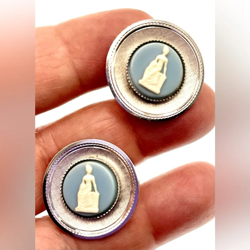 Vintage Silver Tone Textured Round Cufflinks Blue and White Faux Cameo Center